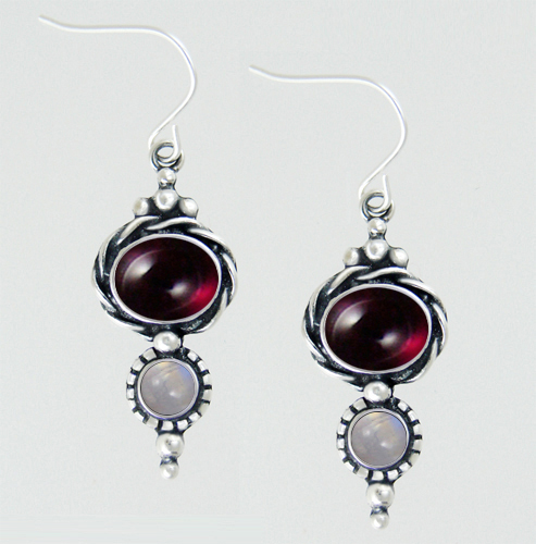 Sterling Silver Round Under Oval Gemstone Stud Drop Dangle Earrings With Garnet And Rainbow Moonstone